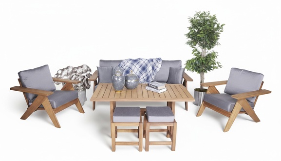 Gartenmöbel Set 6tlg Sitzgruppen 3+1+1 Sitzer Designer Esstisch Holz 2x Hocker