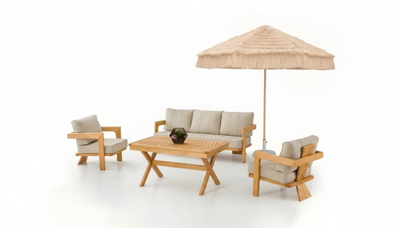 Gartenmöbel Set aus Holz und Textil in Beige, modern, robust