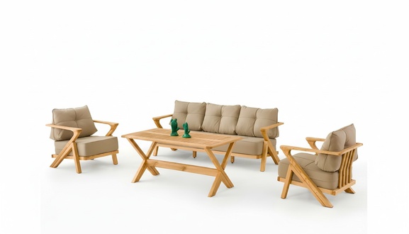 Gartenmöbel Set aus Holz und Textil in Beige, modern, 4-teilig