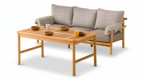 Gartenmöbel Set aus Holz und Textil in Beigeton, stilvoll