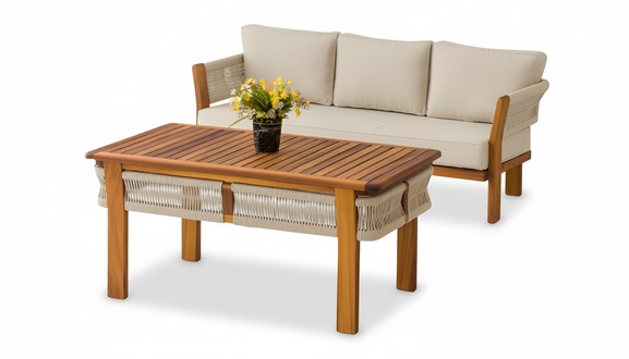Gartenmöbel Set aus Holz und Textil in Beige modern