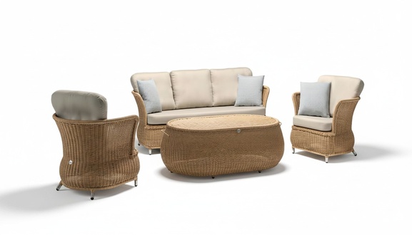 Gartenmöbel Sofa 3-Sitzer Garten Rattan Garnitur Edler Couchtisch 2x Sessel 4tlg