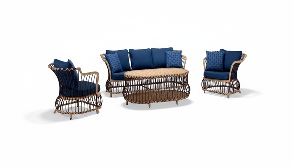Gartenmöbel Sofa 3 Sitzer Couchtisch Blau Sessel Dreisitzer Rattan Luxus Modern