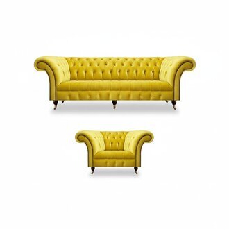 Gelbe Chesterfield Couchen Designer Wohnzimmer Sofagarnitur Sessel 3-er