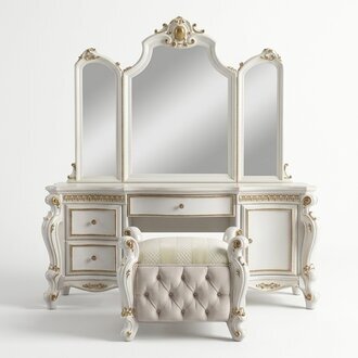 Geschnitzte Barock Möbel Schminktisch Hocker Deko Spiegel Schlafzimmer