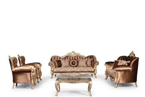 Goldene Samt Couch Set Chesterfield Sofagarnitur Sofa Möbel Holz 5tlg