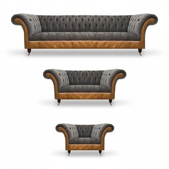 Grau-Braune Chesterfield Sitzgarnitur Polstersofas Textil Couchen 3tlg