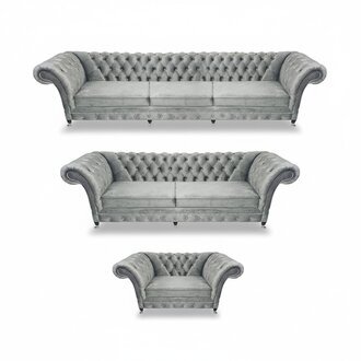 Grau Luxus Wohnzimmer Set 3tlg Textil Polstermöbel Designer Möbel Chesterfield
