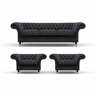 Graue Chesterfield Bettfunktion Sofa Textil 2x Sessel 3tlg Set Garnitur