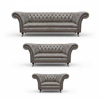 Graue Chesterfield Ledersofas Designer Einsitzer Dreisitzer Sofa Set