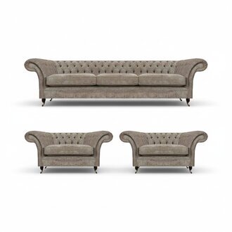 Graue Polster Chesterfield Garnitur Textilsofa 3-Sitzer 2 Einsitzer 3tlg