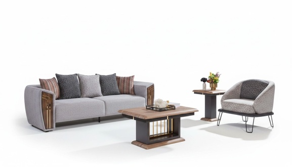 Graue Robuste Sofagarnitur Polster Dreisitzer Textil Sessel Couchgarnitur