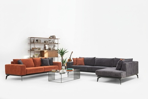 Graues Polster Ecksofa Designer Dreisitzer Stoffcouchen Wohnzimmer Set