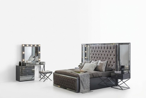 Graues Schlafzimmer Set Doppelbett Chesterfield Nachttische stilvolle neu