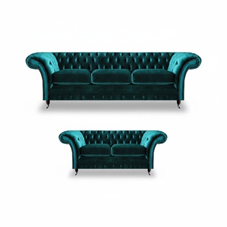 Grüne Chesterfield Polstersofas Wohnzimmer 2x Sofas Zweisitzer 3-Sitzer