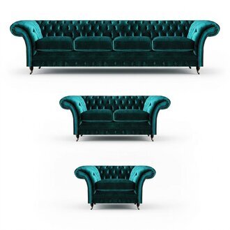 Grüne Chesterfield Textil Garnitur Wohnzimmer Designer Sofa Set 3tlg