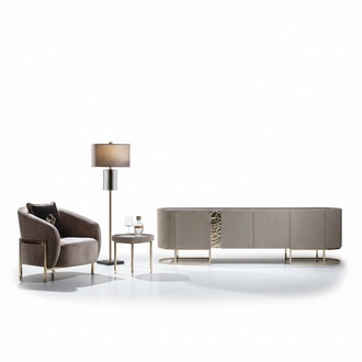 Gruppe Sessel Wohnzimmer Beistelltisch Beige Stoff TV Ständer Set 3tlg