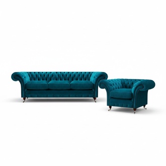 Hellblaue Chesterfield Polstergarnitur Designer 3-Sitzer Sofa Sessel