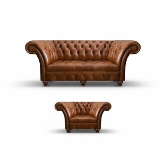 Hellbraune Chesterfield Ledergarnitur Sitzsofa Designer Sessel 2tlg Set