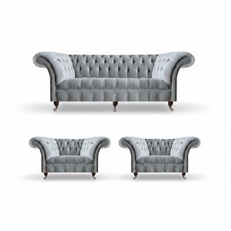 Hellgraue Chesterfield Sitzgarnitur Dreisitzer Einsitzer 2x Sessel 3tlg