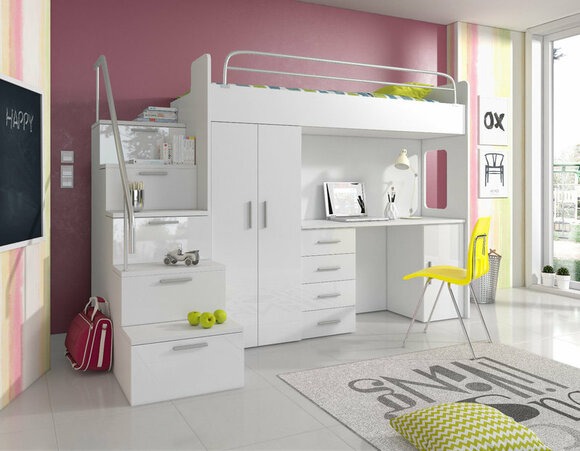 DOPPELSTOCKBETT STOCKBETT Weiß BETT KINDERZIMMER ETAGENBETT MIT SCHREIBTISCH