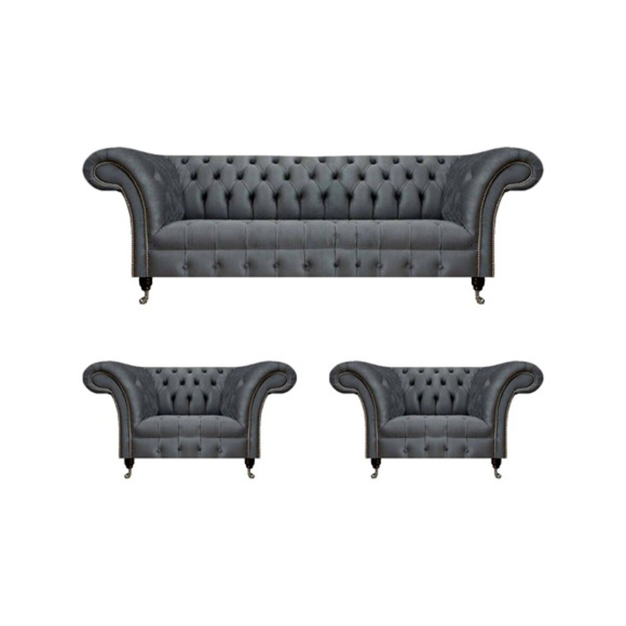 Graue Garnitur Chesterfield Sitzmöbel Designer Couch 2x Polstersessel
