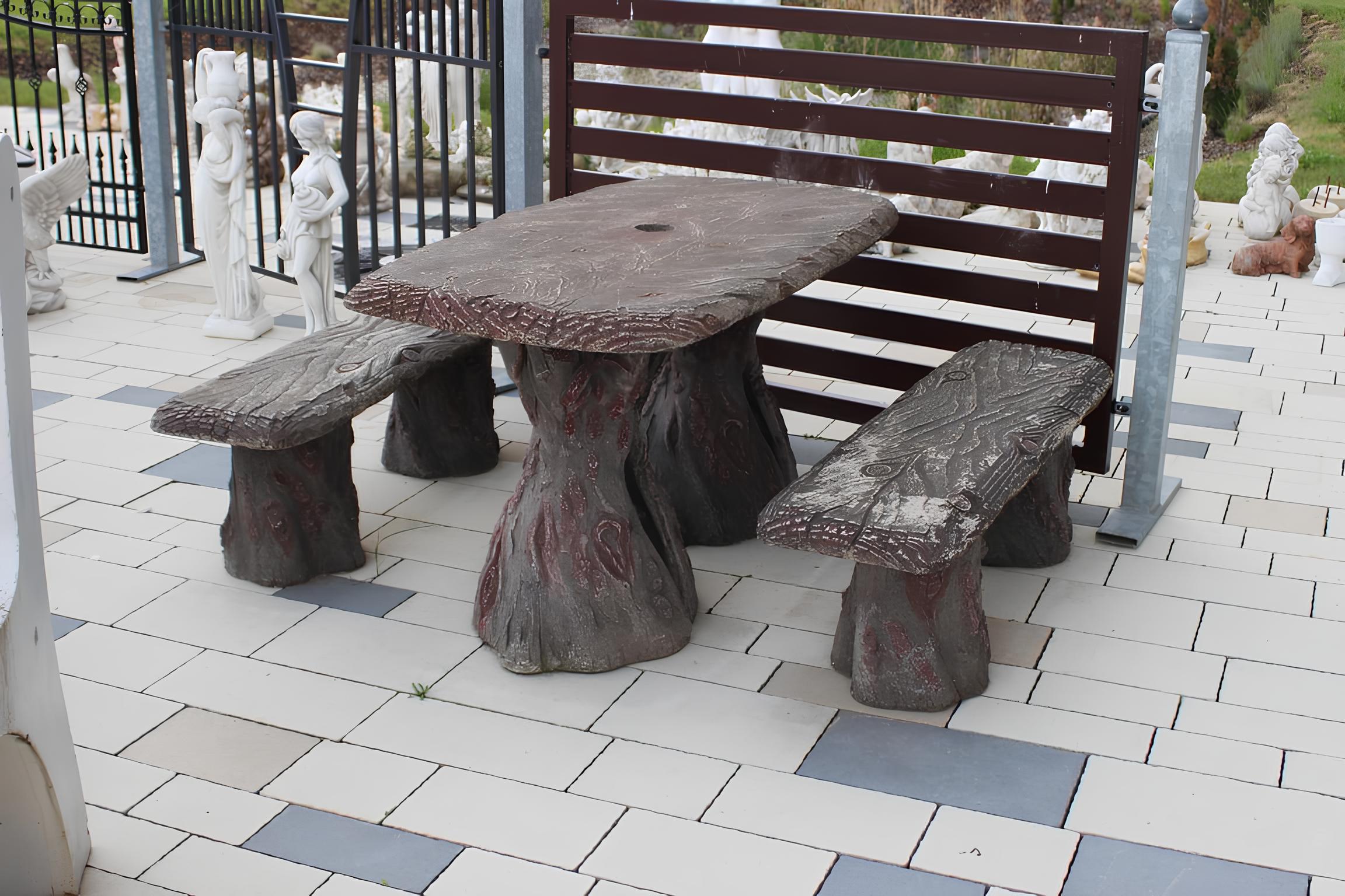 Gartenmöbel Tisch mit 2 Bänke Terrasen Möbel Stein Holz Garten Garnitur Sofort