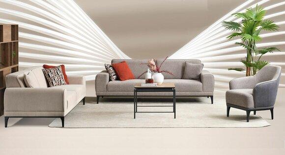 Sofagarnitur Dreisitzer Einsitzer Sessel Sofa Stoff Grau Stoffsofa Set 3+3+1
