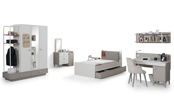 Jugendzimmer Bett Kommode Kleiderschrank Schreibtisch Holz Möbel Design 4tlg Set