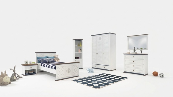 Jugendzimmer Komplett Einzelbett Kleiderschrank Kommode mit Spiegel Design 6tlg