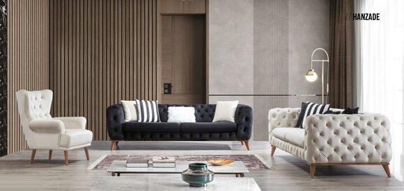 Sessel 1 Sitzer Weiß Wohnzimmer Textil Design Chesterfield Ohrensessel