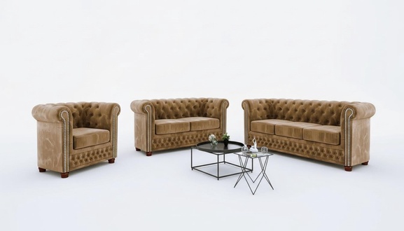 Klassische Edle Chesterfield Möbel Zweisitzer Couch Textil Sofa Design Braun
