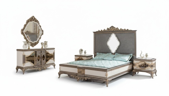 Klassische Graue Schlafzimmer Luxus Garnitur Doppelbett 2x Nachttische