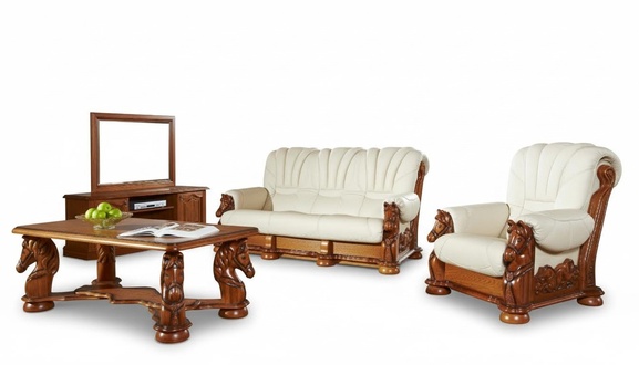 Klassische Sofagarnitur Couch Polster Sitz Garnitur Sofa Leder Holz 3+2+1 Set