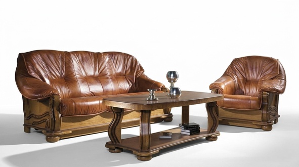 Klassische Sofagarnitur Couch Garnitur Polster Sitz Sofa Leder Holz 3+2+2 Set