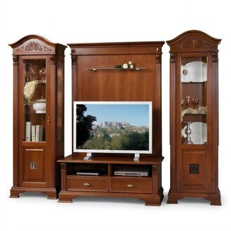Klassische Wohn Wand Massivholz Wohnzimmer Vitrine Sideboard RTV Regal Wände Schrank 4tlg.