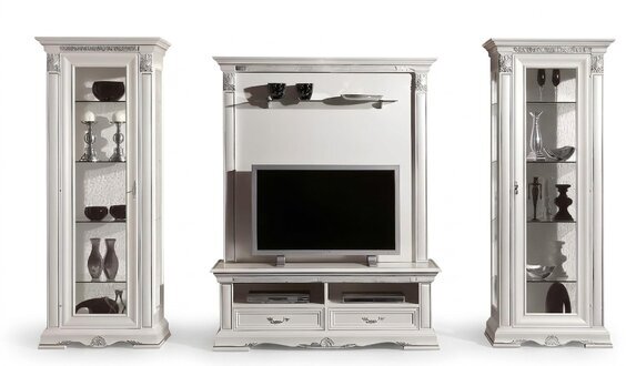 Klassische Wohn Wand Wohnzimmer Vitrine Sideboard RTV Regal Wände Schrank 4tlg. Massivholz