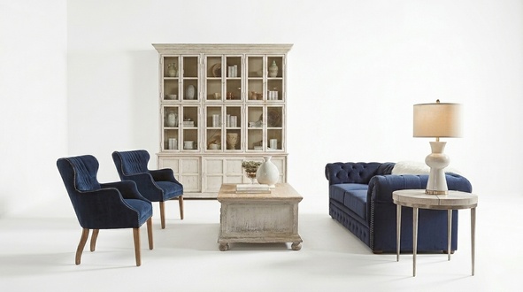 Klassische Wohnzimmer Couch - Blaue Chesterfield Stoff Sofa 3 Sitzer