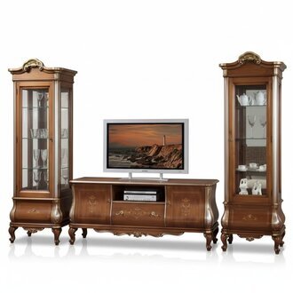 Klassische Wohnzimmerwand RTV 2x Vitrinen Massivholz Möbel TV-Regal Neu