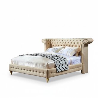 Klassisches Schlafzimmer Bett Beige Textil Betten Leder Polster Doppel