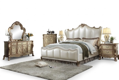 Königliches Schlafzimmer Set Bett + 2 Nachttische Leder Betten Doppel