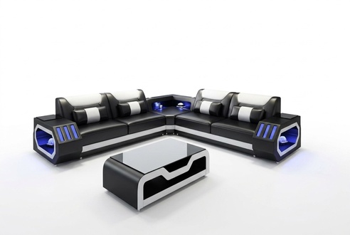 LED Beleuchtete Ecksofa Wohnzimmer Leder Couch Sitz Polster