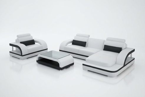Ledersofa Couch Wohnlandschaft Ecksofa + 1Sitzer Garnitur Modern Sofa G8011E