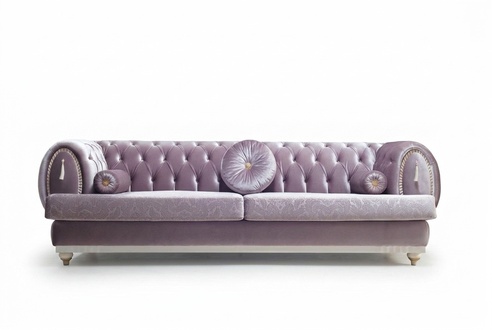 Lila Chesterfield Dreisitzer Designer 3-Sitzer Polstercouchen Holzgestell