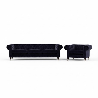 Luxuriöse Chesterfield Sofas Dunkelblauer Textil Dreisitzer Edler Sessel
