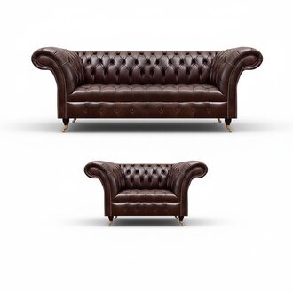 Luxuriöses Braunes Chesterfield Lederset Designer 3-Sitzer Sessel 2tlg