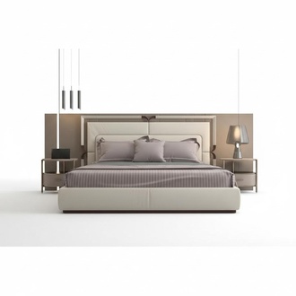 Luxus Bettgestell Modernes Design Beige mit Braun Akzenten Elegantem Kopfteil
