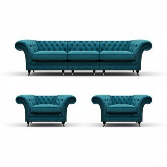 Luxus Blau Designer Komplett Textil Chesterfield Wohnzimmer Polstermöbel