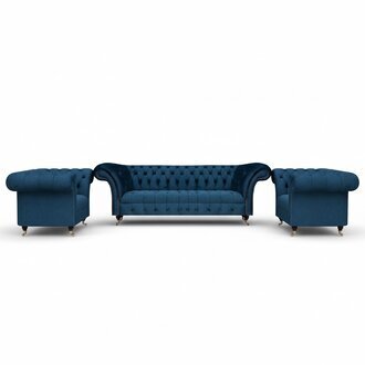 Luxus Blau Sofas Set 3tlg Sofagarnitur Sessel Wohnzimmer Chesterfield