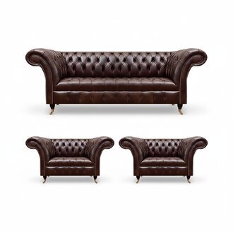 Luxus Braune Chesterfield Ledermöbel Designer Dreisitzer 2x Sessel 3tlg